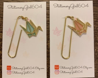 Gold Paper Clip with Enamel Origami Crane Charm Page Marker/ Bookmark for your Journal Planner Diary. 2 Colors to choose from