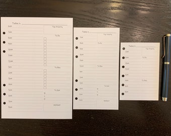 Printed 6 Ring Planner Lined Daily DO1P Timeline To Do List Meal and Workout Tracker 32lb Paper Inserts 30 Sheets. 7 Sizes Available