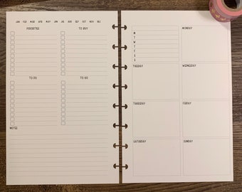 Happy Planner Undated Dashboard Layout Weekly Printed Inserts for Disc Planners. Big, Classic, Mini, A5, Junior. 30 Sheets. 32lb White Paper