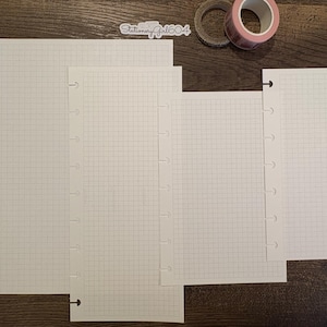 May include: Three white gridded paper inserts for a disc bound planner. The inserts are different sizes and have holes along the left side.