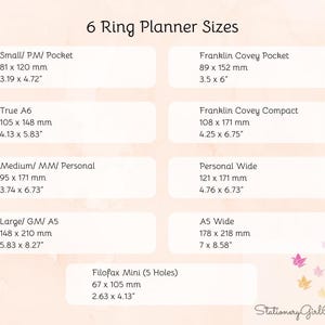 Puede incluir: Un gr&aacute;fico crema con el texto "6 Ring Planner Sizes" y detalles de tama&ntilde;o para varios formatos de planificador. Las medidas se proporcionan en pulgadas y mil&iacute;metros para Small/Pocket, True A6, Medium/Personal, Large/A5, Franklin Covey y Filofax Mini.