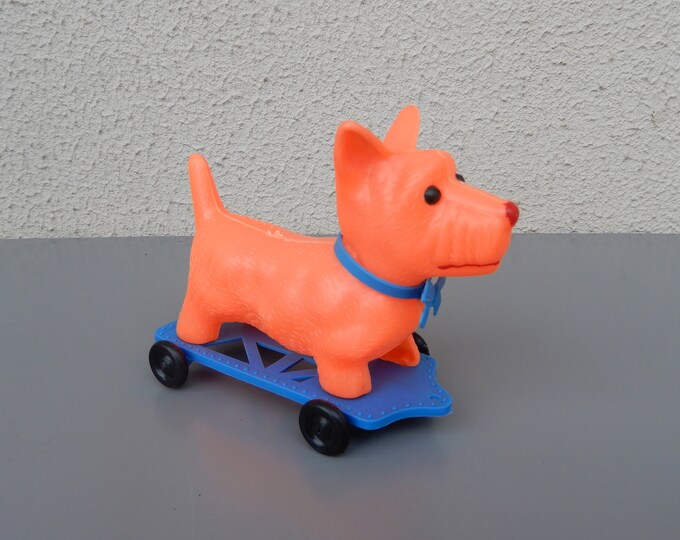 Vintage 1960s Plastic Toy Dog on Wheels by PEPE Portuguese Toys Factory