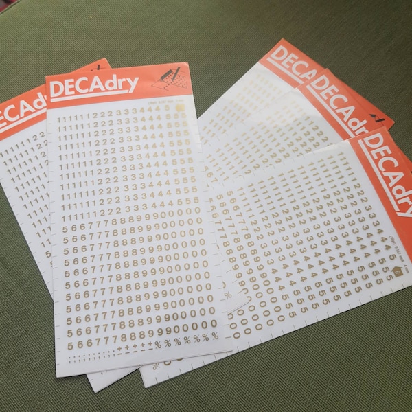 Lot of 2 or 3 dry transfer sheets numbers 6 golden Letraset rub on letters, mecanorma alfac decadry dry transfer decals, font types