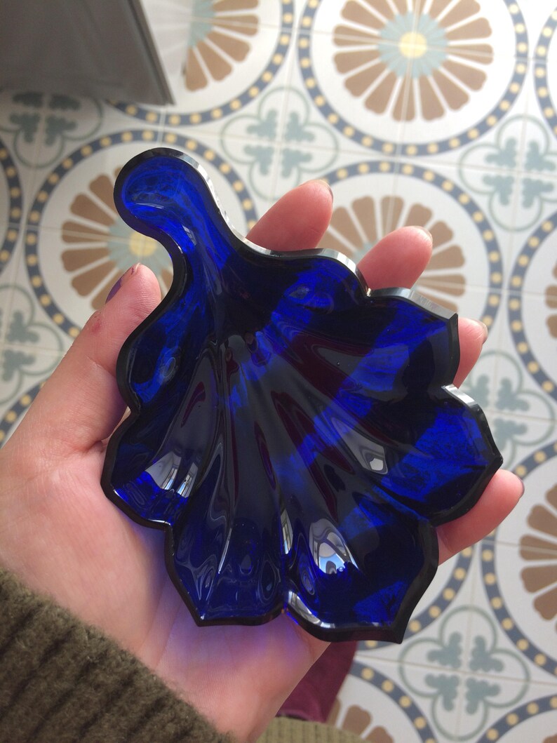 Vintage Cobalt blue glass ring dish leaf shaped dish pressed Etsy