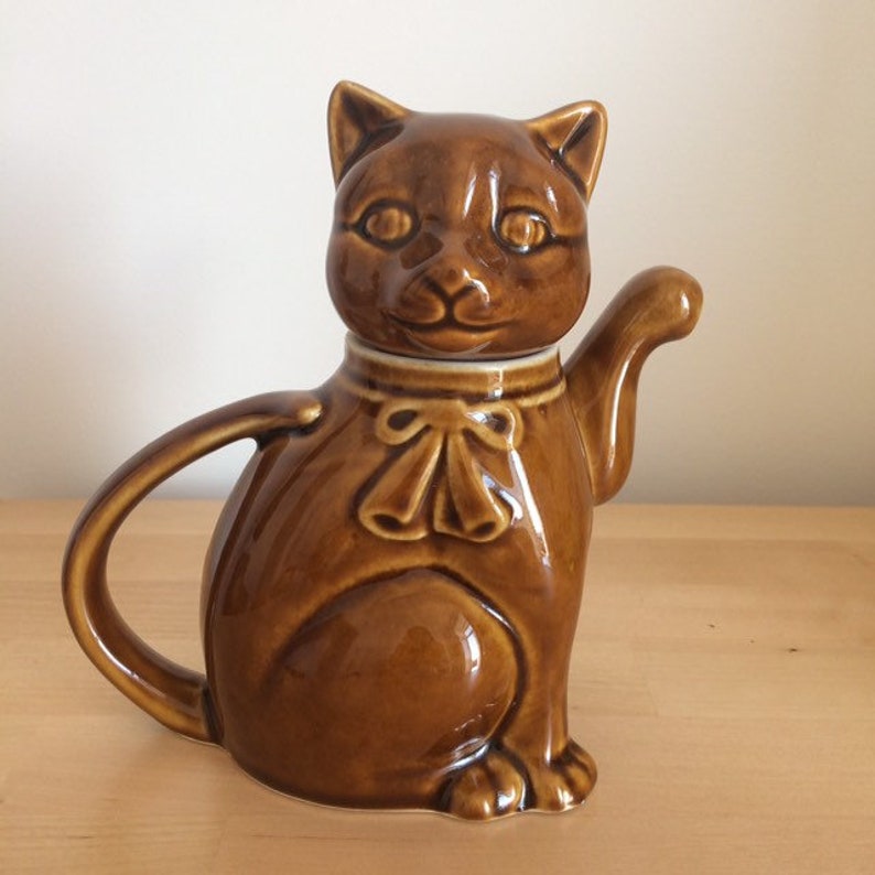 Vintage ceramic pottery cat teapot honey color cute kitsch Etsy