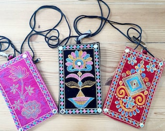 Boho phone purse bohemian embroidered velvet phone case with strap and pocket cross body bag