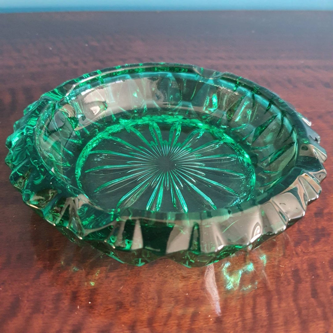 Vintage Heavy Green Cut Glass Ashtray Mid Century Collectible Etsy