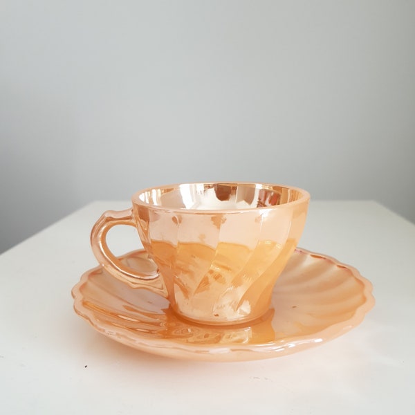 Vintage fire king peach chandelier espresso coffee cup and saucer set suburbia