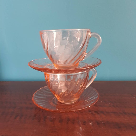 Arcoroc pink glass tea cups and saucers