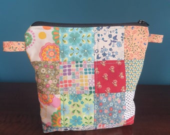 Handmade patchwork squares zipper bag pouch make up toiletries or for strap handbag