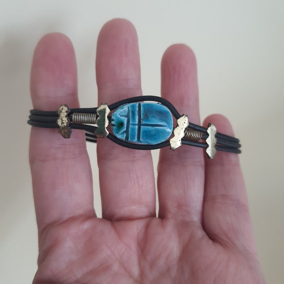 vintage egyptian blue scarab bracelet - image 1