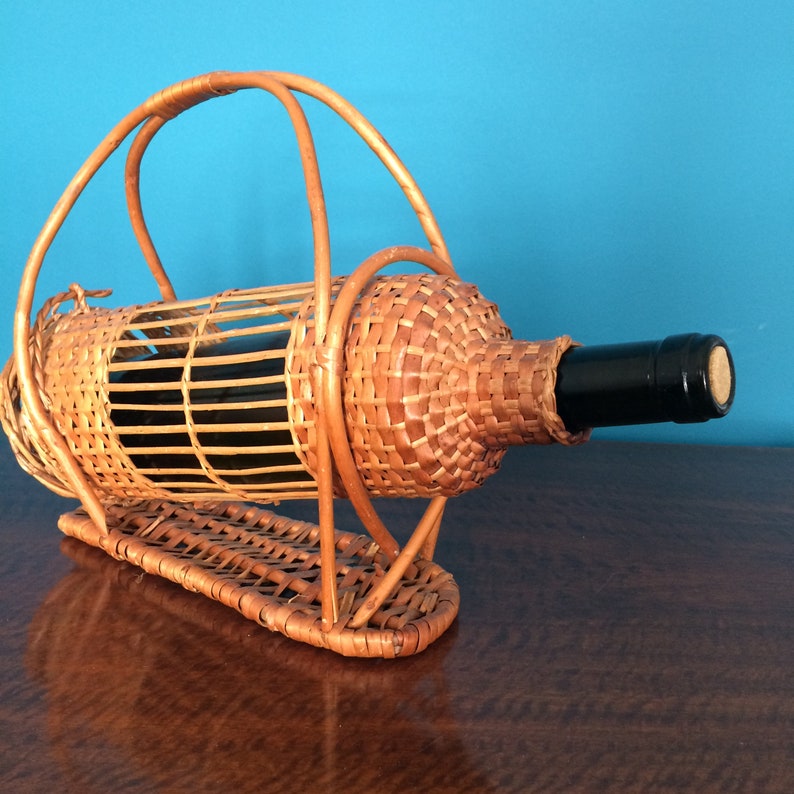 Vintage Rattan Wine Bottle Holder Pourer Basket Straw Jute Etsy