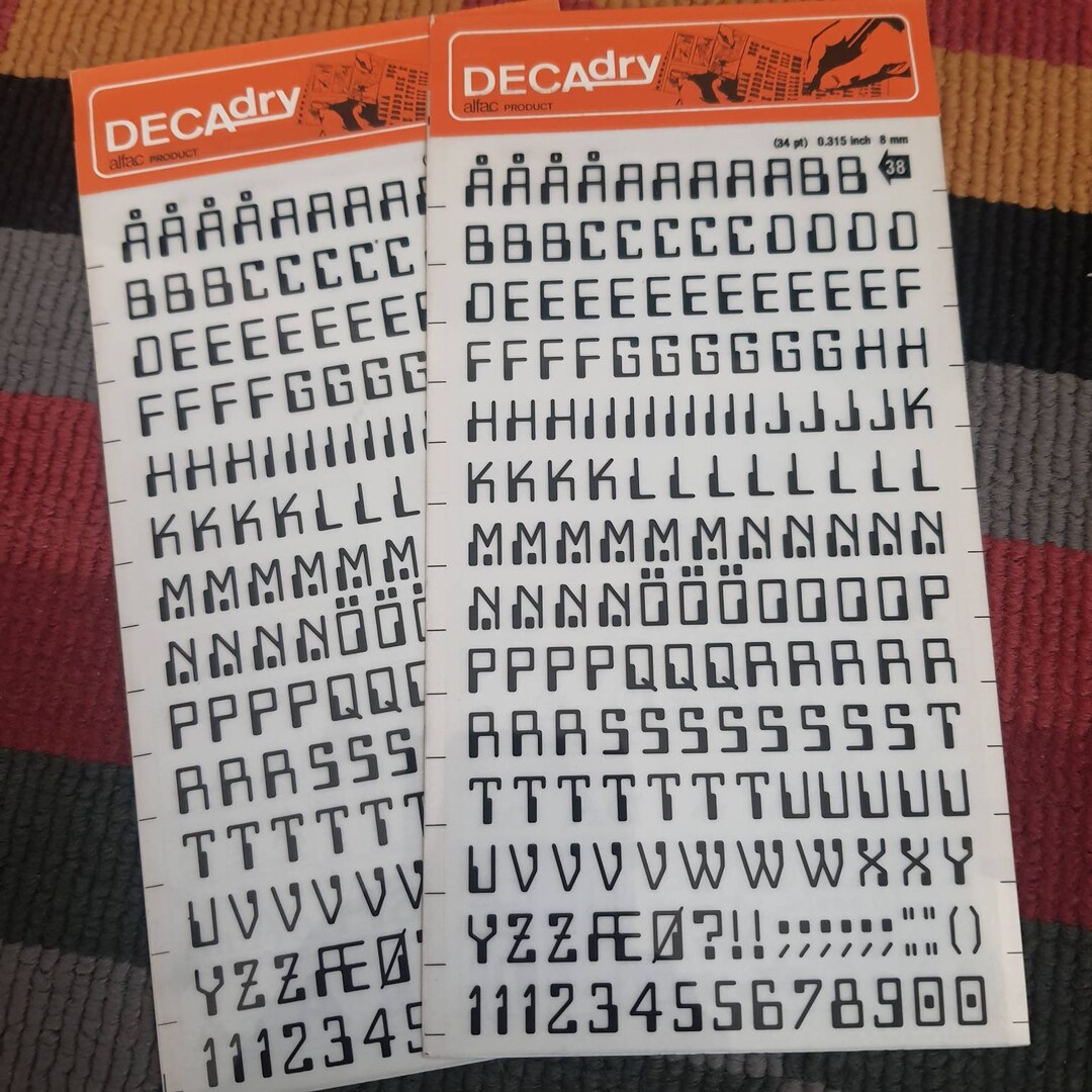 Lot of 2 Dry Transfer Sheets Size 38 Letraset Rub on Letters, Mecanorma