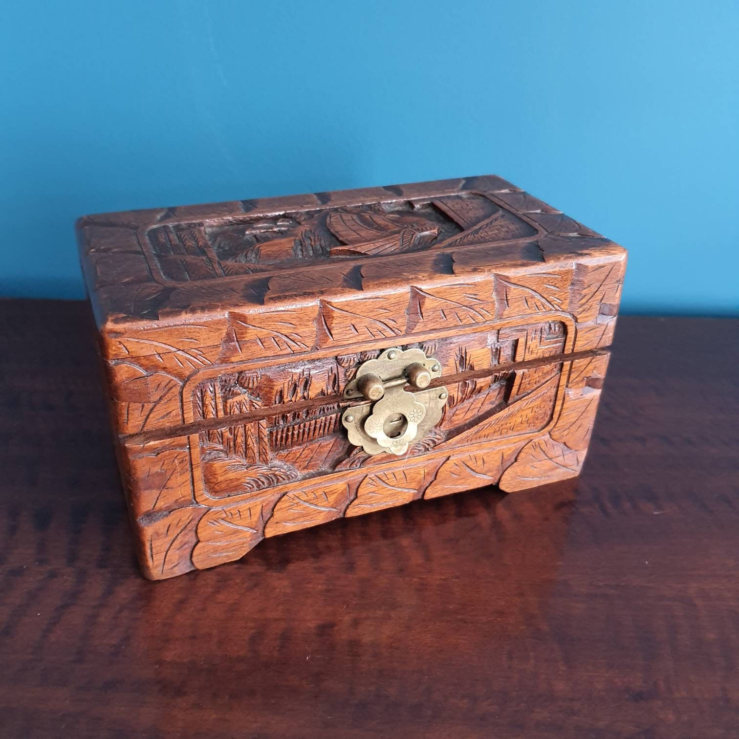 Vintage Old Asian Camphor Chest Antique Engraved Wooden Box to