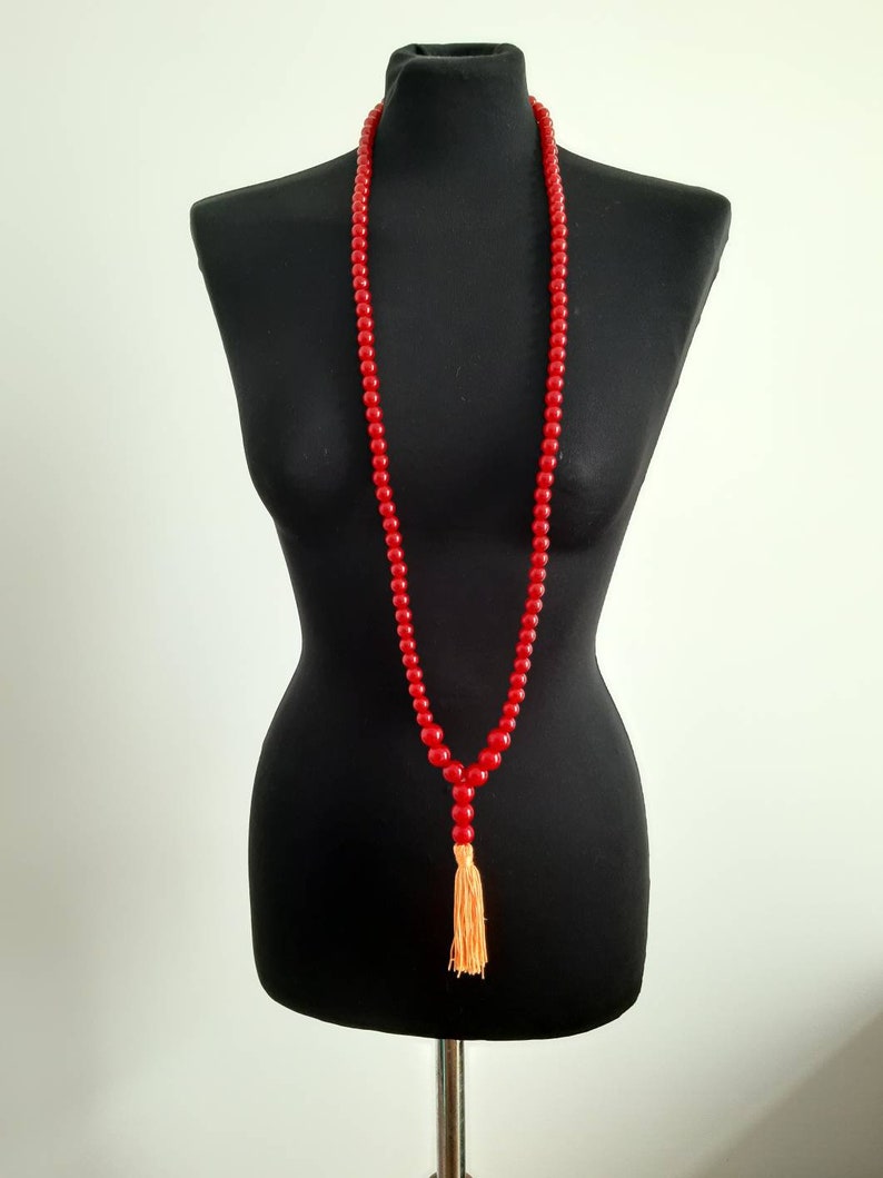 Vintage praying beads necklace with tassel red beads 116