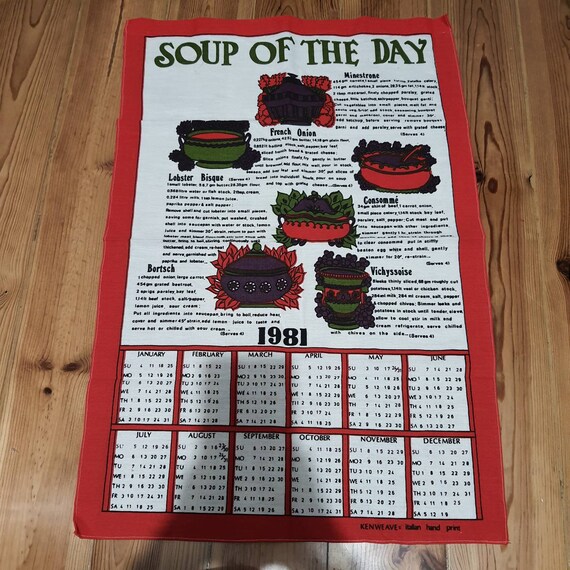 Vintage 1981 Calendar and Soup Recipes Tea Towell Kitchen Cloth - Etsy