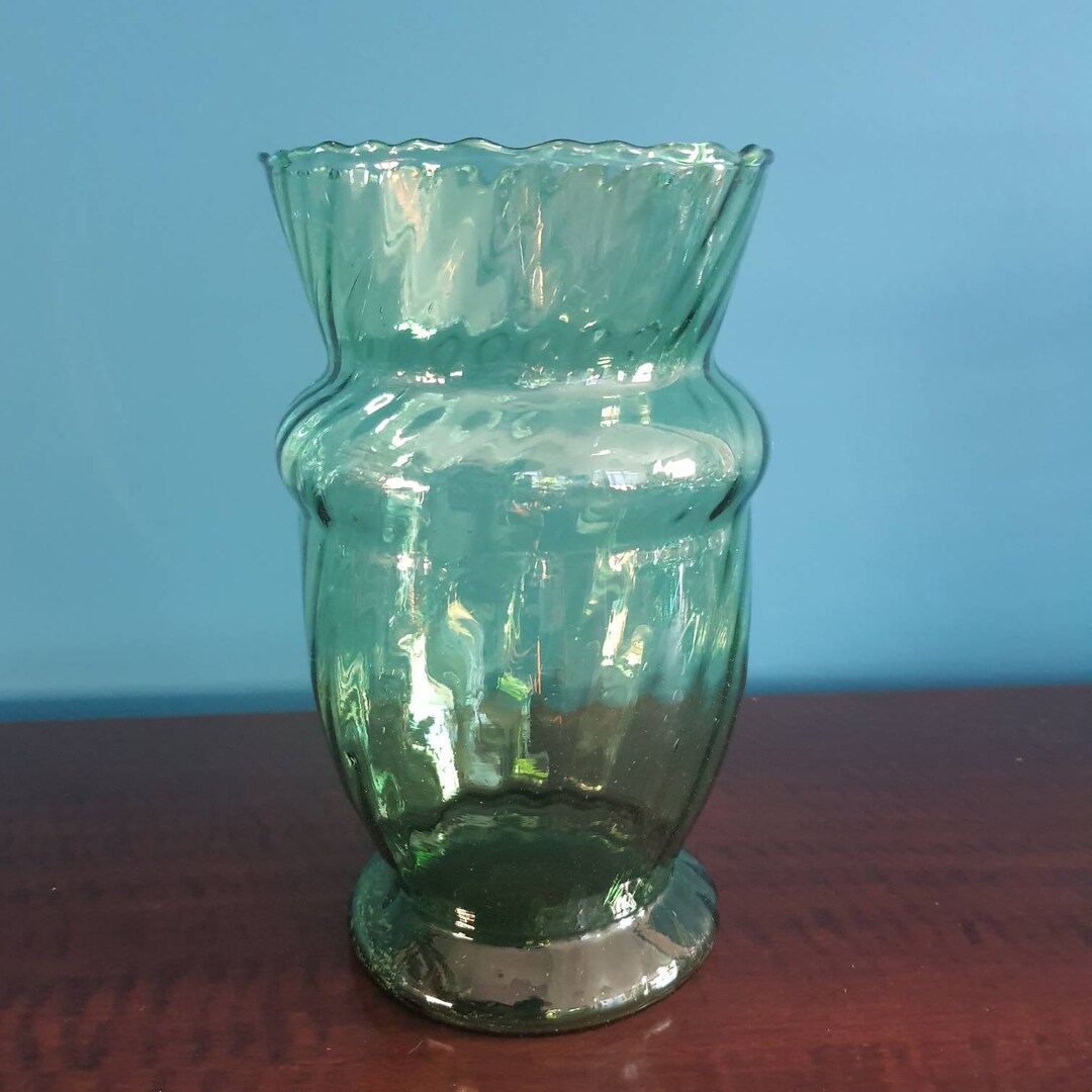 Vintage Mid Century Big Green Glass Flowers Vase Etsy