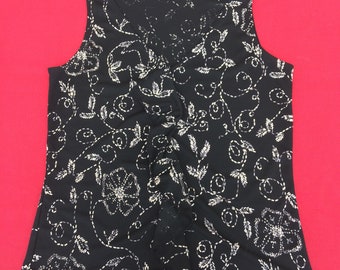 DKNY Black Top Blouse ruffles summer top floral print Donna Karan