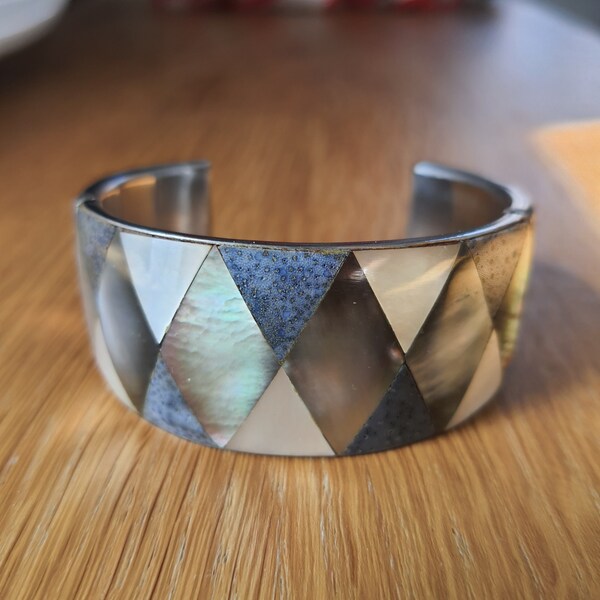 vintage geometric mother of pearl abalone cuff bangle bracelet