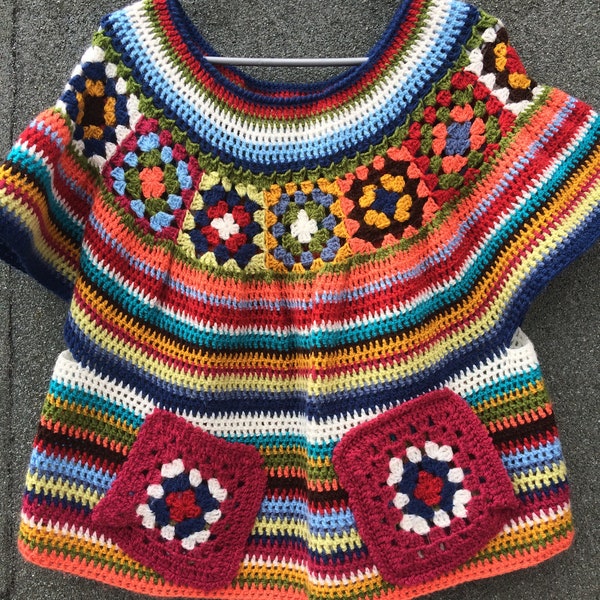 Boho fait main au crochet grand-mère carrés multi couleur pull cape pull pull poncho avec poches hippie ethnique boho