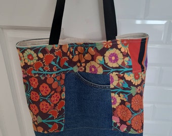 Handmade patchwork upcycled denim tote bag beach bag handbag shoulder bag