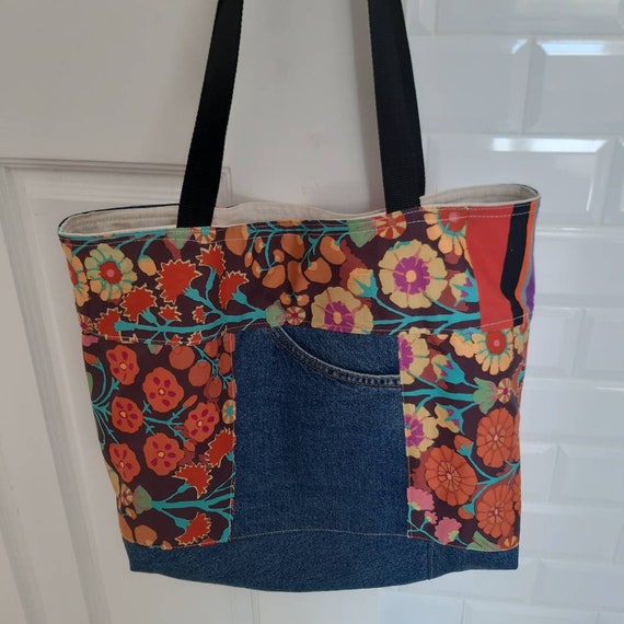 Bolso tote de mezclilla reciclado de patchwork hecho a mano bolso