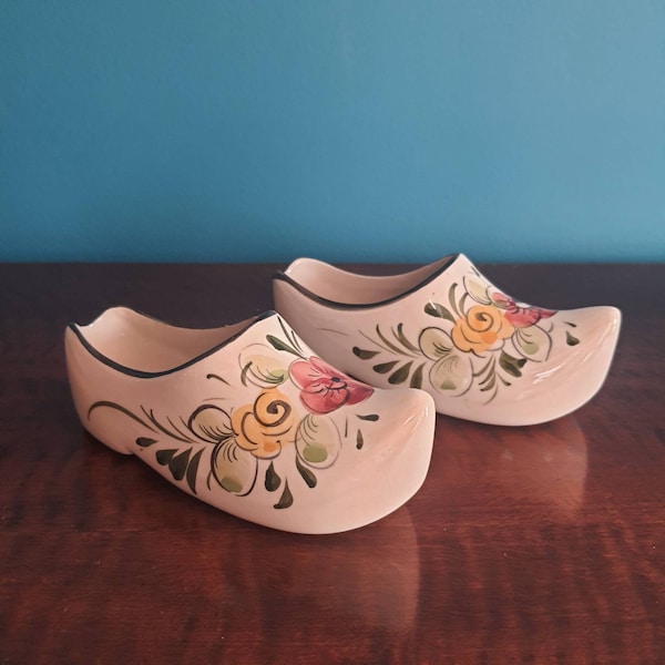 Vintage ceramic hand painted clogs shoes made in portugal