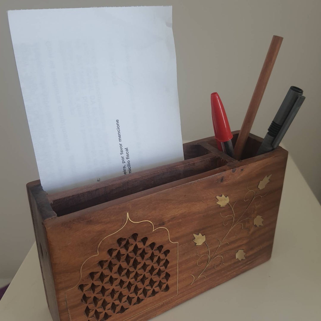 Vintage Wooden Desk Organizer Pen and Papers Holder With Brass Etsy