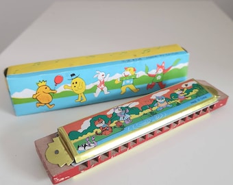 Vintage old toy harmonica made of tin and wood music instrument cute NEW OLD STOCK with original box