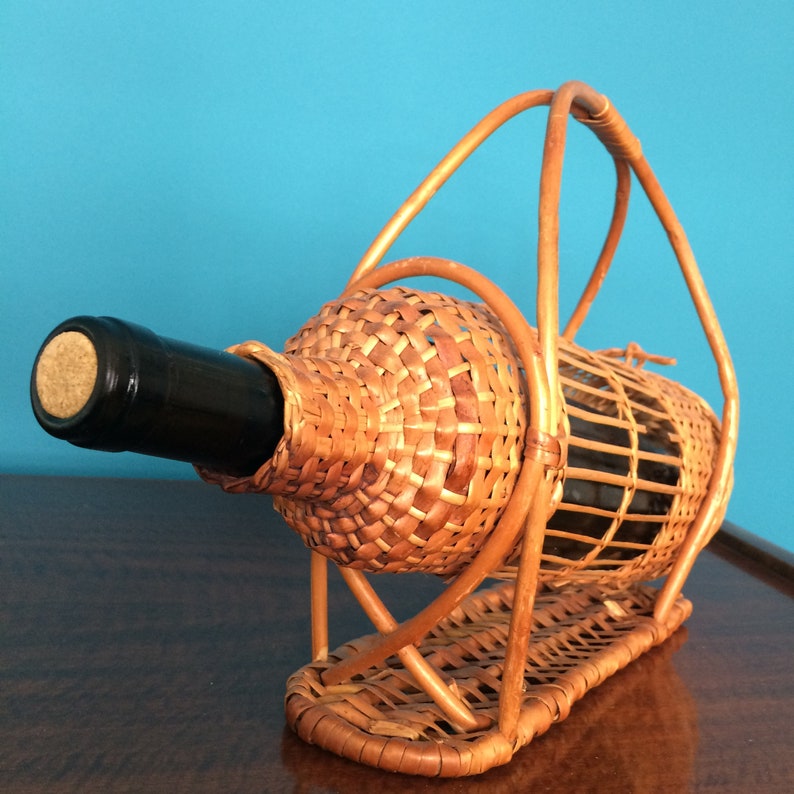 Vintage Rattan Wine Bottle Holder Pourer Basket Straw Jute Etsy