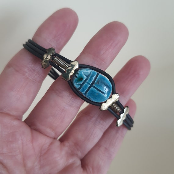 vintage egyptian blue scarab bracelet - image 2