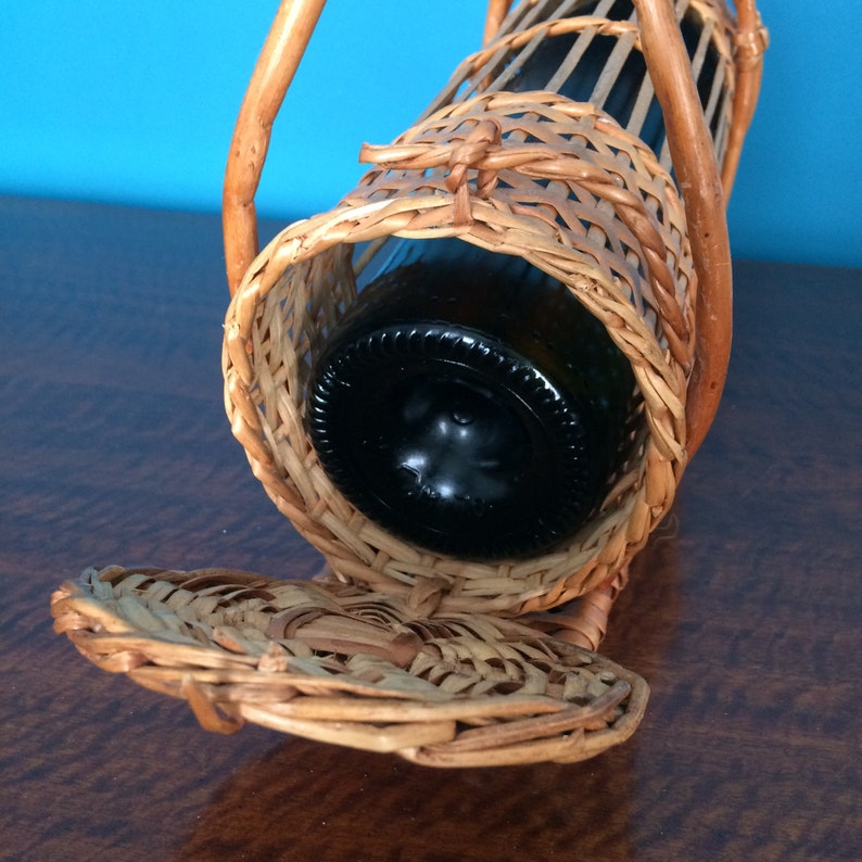 Vintage Rattan Wine Bottle Holder Pourer Basket Straw Jute Etsy
