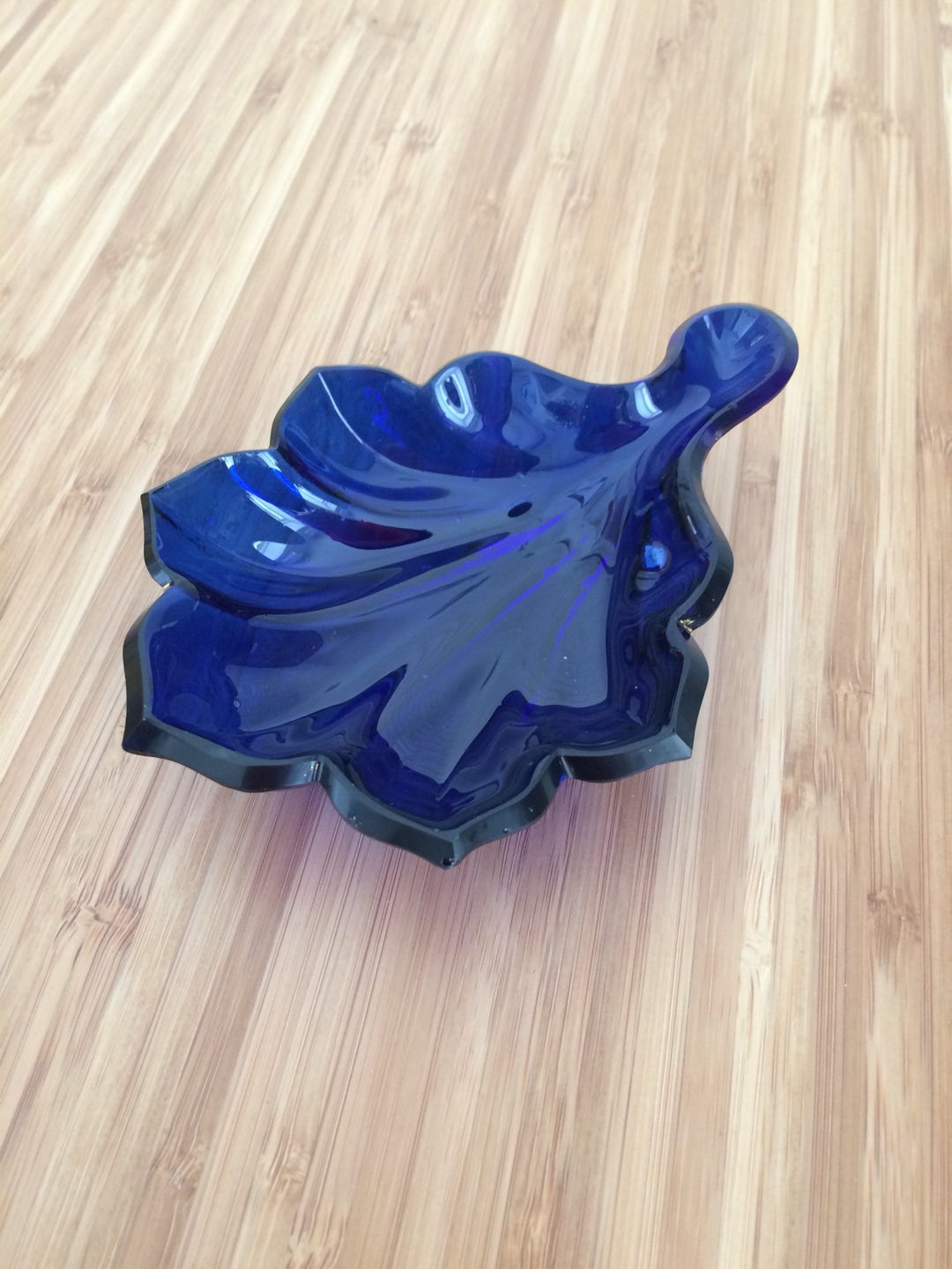 Vintage Cobalt Blue Glass Ring Dish Leaf Shaped Dish Pressed Etsy