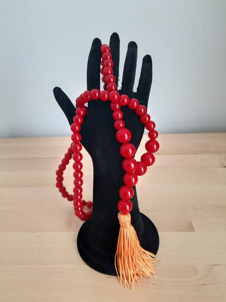 Vintage praying beads necklace with tassel red beads 116