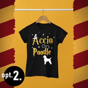 May include: Black t-shirt with a gold graphic of a wizard hat, lightning bolt, and the text "Accio Poodle" with a pair of round glasses and a white poodle silhouette.