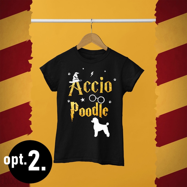 May include: Black t-shirt with a gold graphic of a wizard hat, lightning bolt, and the text "Accio Poodle" with a pair of round glasses and a white poodle silhouette.