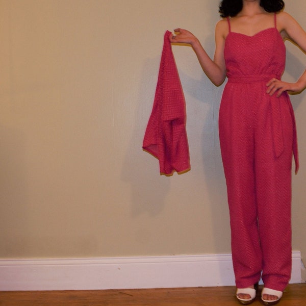 Rare 1980's TWO PIECE  pink jumpsuit with shoe string straps, belt and matching jacket  Size 8 - 10