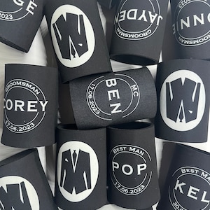 Wedding Party Stubby holder gift - Circle Personalised with suit - name, role and date, stubby holder,Groom, groomsman coolers