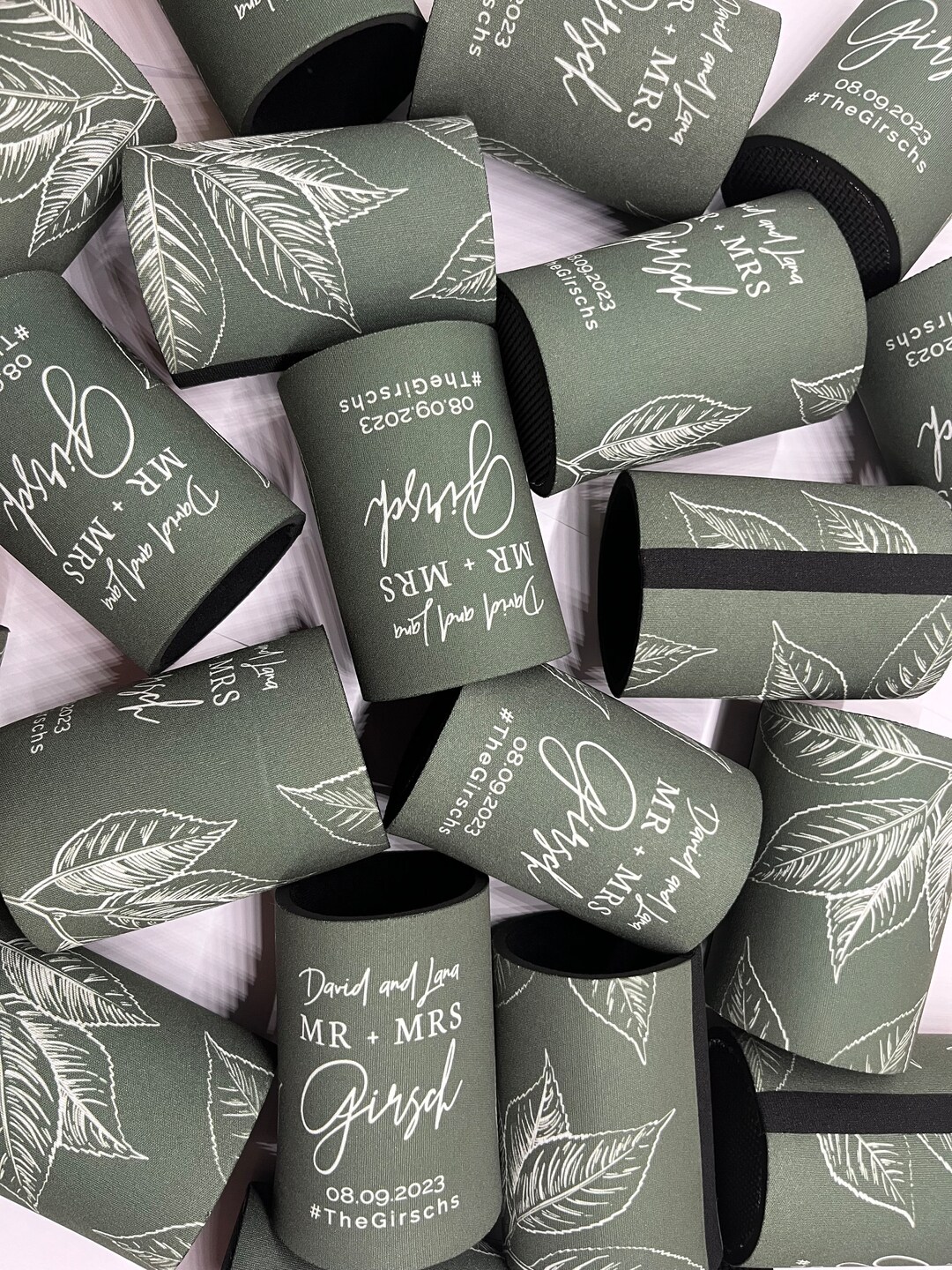 Olive Green Leafy Stylish Stubby Holders With Base Personalised With