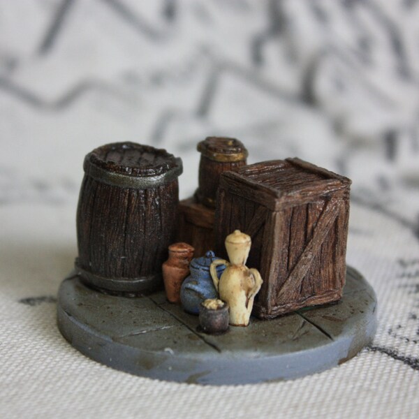 Dungeon Decor Crates and Barrels, Dungeons and Dragons Hand-painted Reaper Bones Miniature Custom Combo