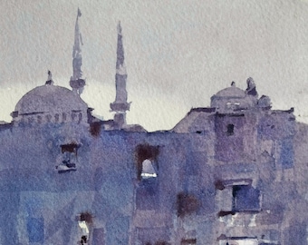 Istanbul Blues. Original Watercolor Painting Cityscape Semi-abstract Small Watercolor Türkiye
