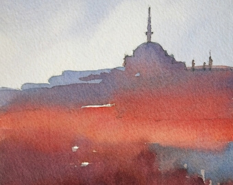 Istanbul Mood. Original Watercolor Painting Cityscape Small Painting Türkiye