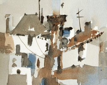 Ankara. Original Watercolor Painting Cityscape Semi-abstract. Houses and Minaret in Ankara, Türkiye.