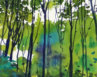 Watercolor Original Fine Art Landscape Painting, Woods, Trees, Green and Blue