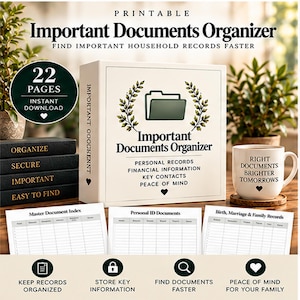 Peut inclure: Un classeur blanc intitulé Important Documents Organizer avec une icône de dossier et une couronne de laurier. Comprend trois feuilles d'index intitulées Master Document Index, Personal ID Documents et Birth, Marriage & Family Records, et un mug.