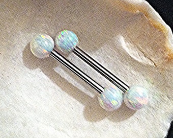 White Opal Nipple Barbells Tongue Rings Set of 2, 5mm SOLID Balls, 316L Surgical Steel Rose Gold or Gold Plated 14g 10mm 12mm 14mm 16mm 19mm