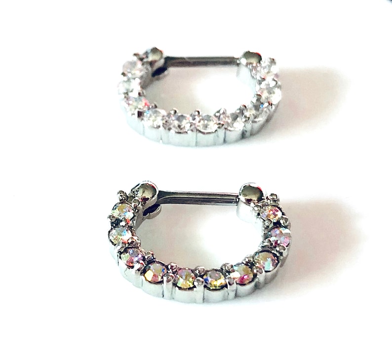 2 Septum U Get Both 8mm Drop Septum Silver Color 1 Clear Crystal /& 1 AB Crystal Septum Clicker 16g Nose Ring DAITH 316L Steel 6mm Bar