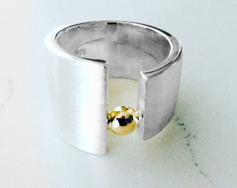 Sterling Silver & 18ct Yellow Wide Ring. Designer Ring. Statement Ring.Unique Ring.
