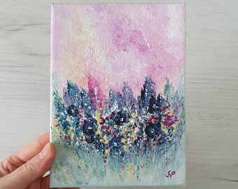 Original Painting | Abstract Art | Small Painting | "Floral Dance 04" on Stretched Canvas 4.7 x 6.3" (12 x 16 cm)