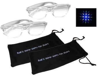 Fireworks Diffraction Glasses - Clear Plastic Frames, Rigid Lenses, Exclusive Cloth Storage Bag -  2 Glasses/Storage Pouches